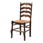 Rustic Oak Ladder-Back Chair with Rush Seat and Cabriole Front Legs, France