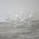 5 old transparent foot glasses – white floral pattern