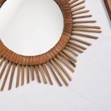 Old sun mirror 49 cm in rattan, star.