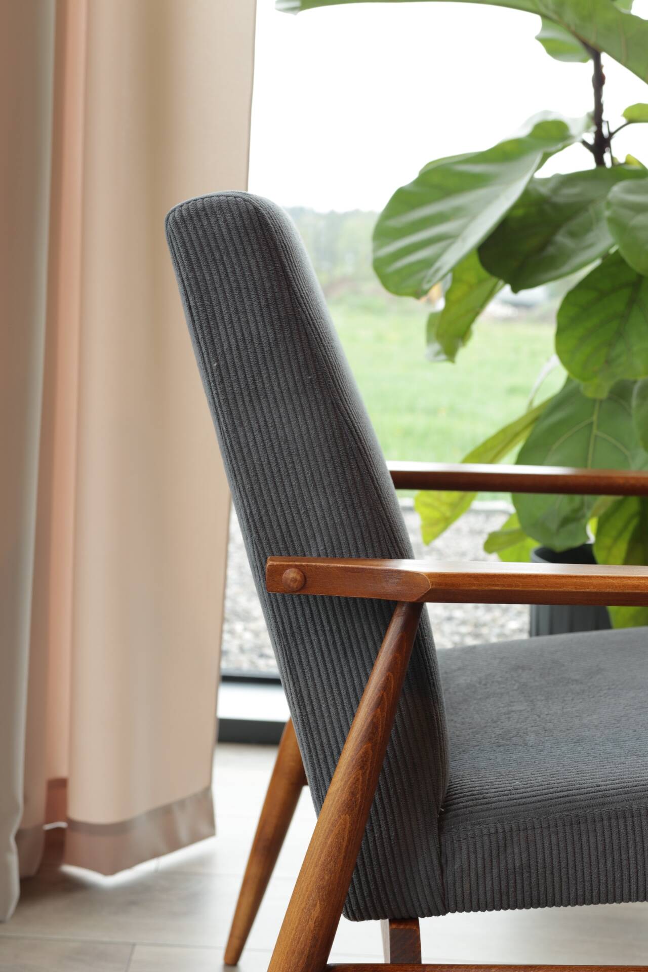 Dark Graphite Corduroy Lounge Chair Vintage Turned Legs Velvet Fabric 