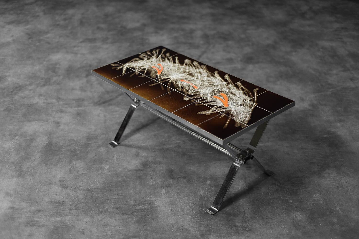 Modernist coffee table in ceramic and metal, 1970.