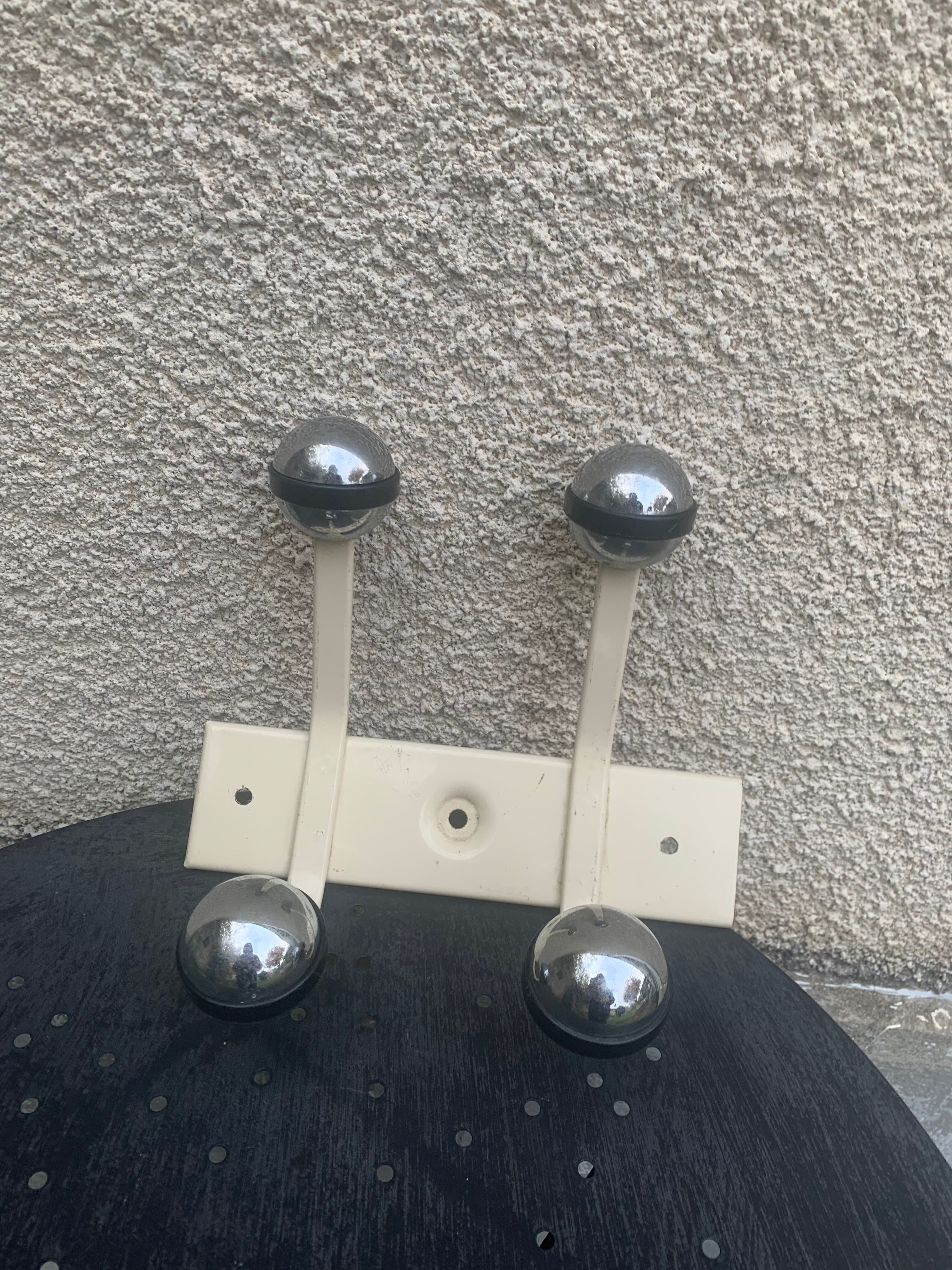 Industrial wall coat rack two hooks in white lacquered metal and vintage silver 1970