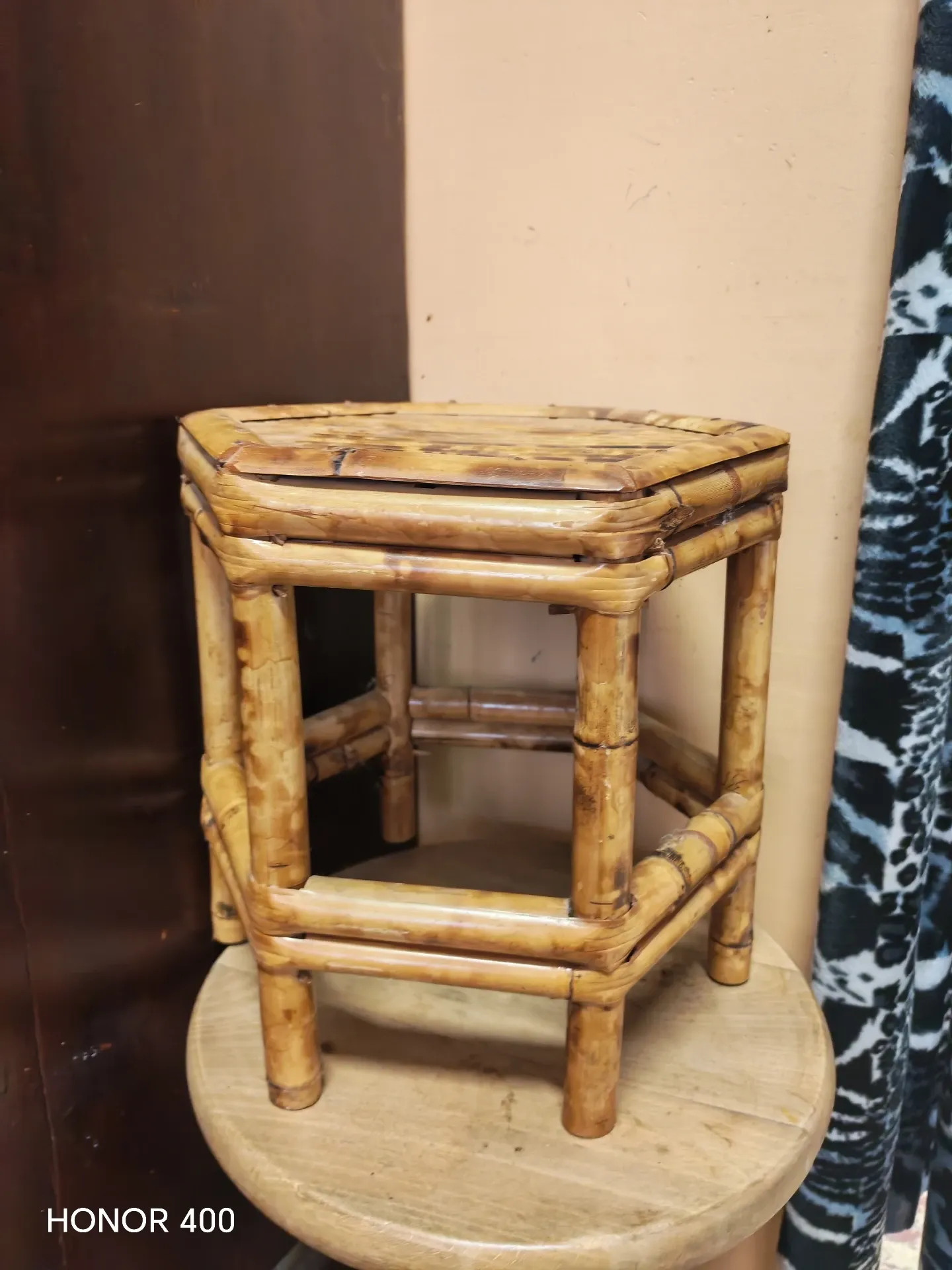 Vintage burnt bamboo side table