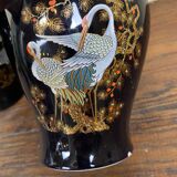 Set of 2 black Italian ceramic vases with swan pattern