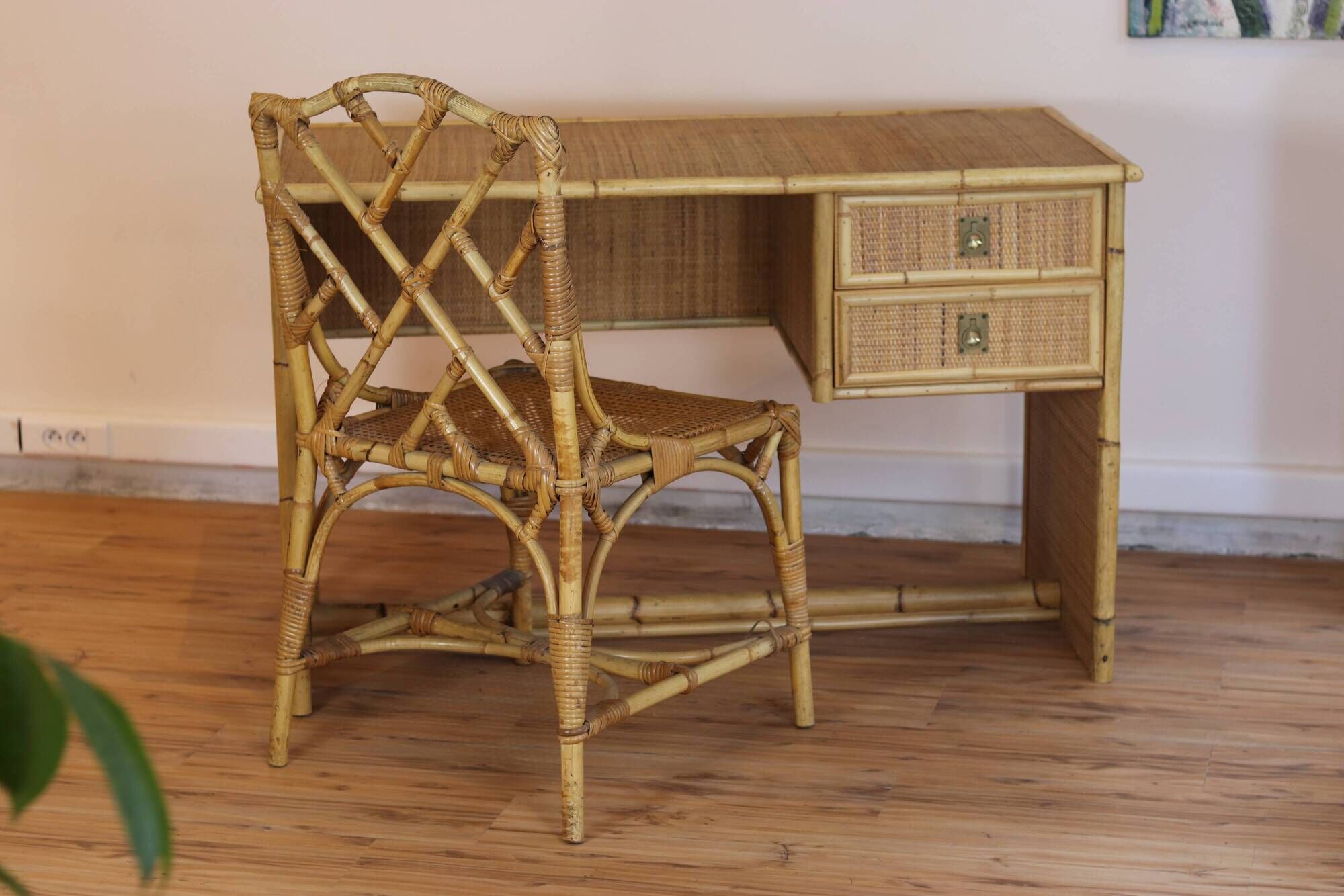 Dal Vera bamboo rattan desk and chair from the 1970s.