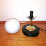 Table lamp wood, brass and frosted white glass globe, 1960