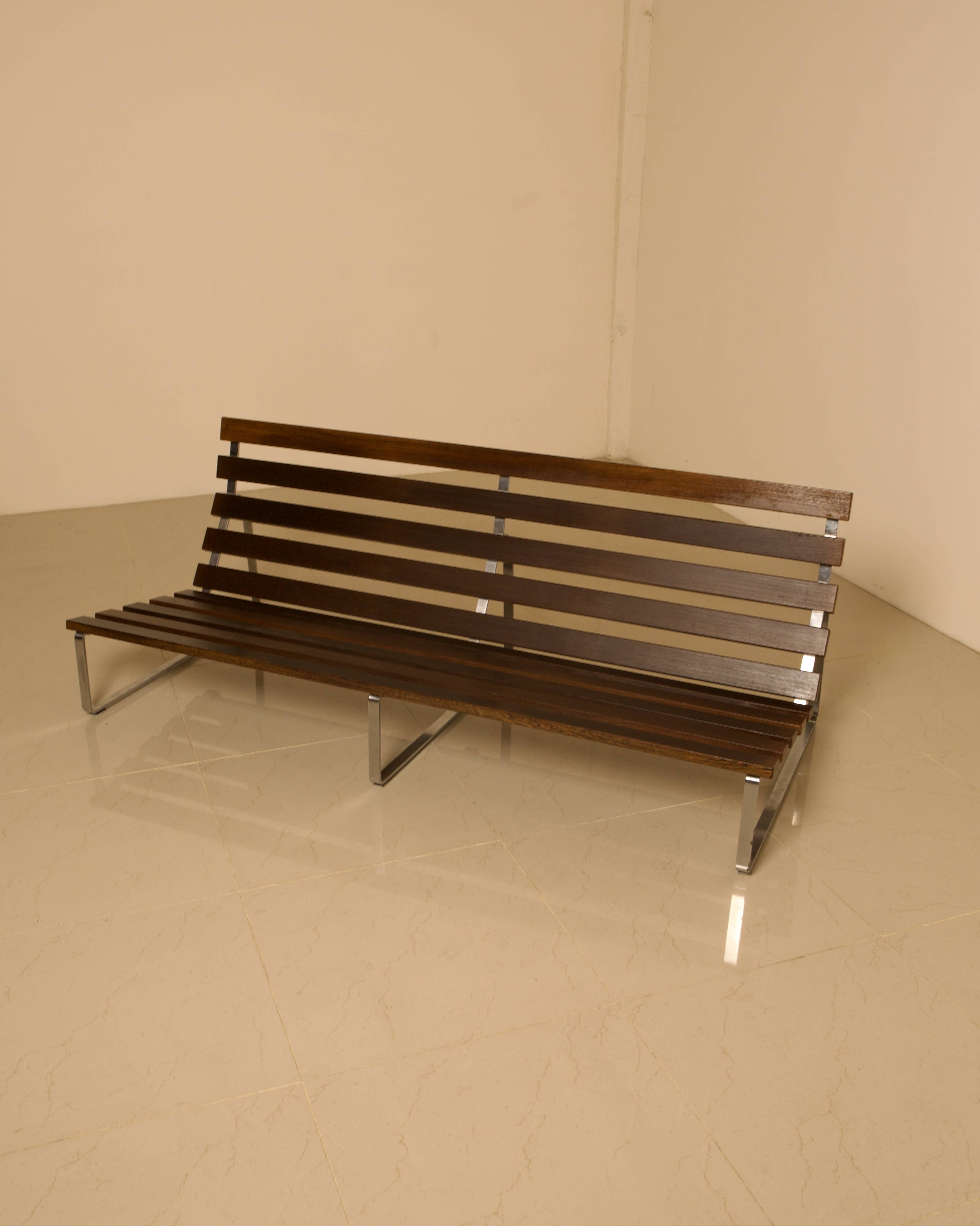 Unique Dutch bench in black leather with a steel and wenge structure from the 60s.