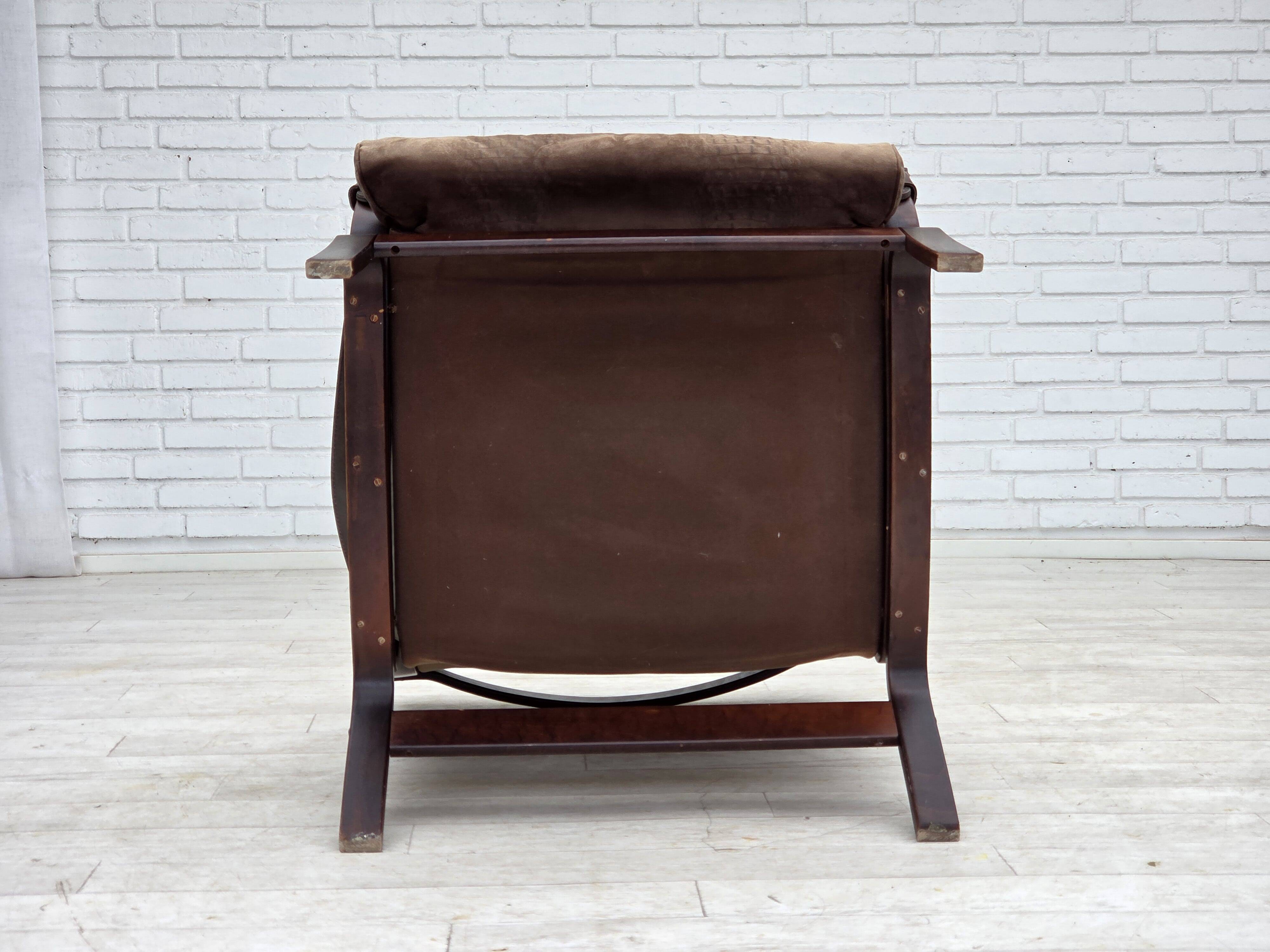 1970s, Scandinavian lounge chair, nubuck leather, canvas, beech wood.