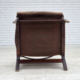 1970s, Scandinavian lounge chair, nubuck leather, canvas, beech wood.