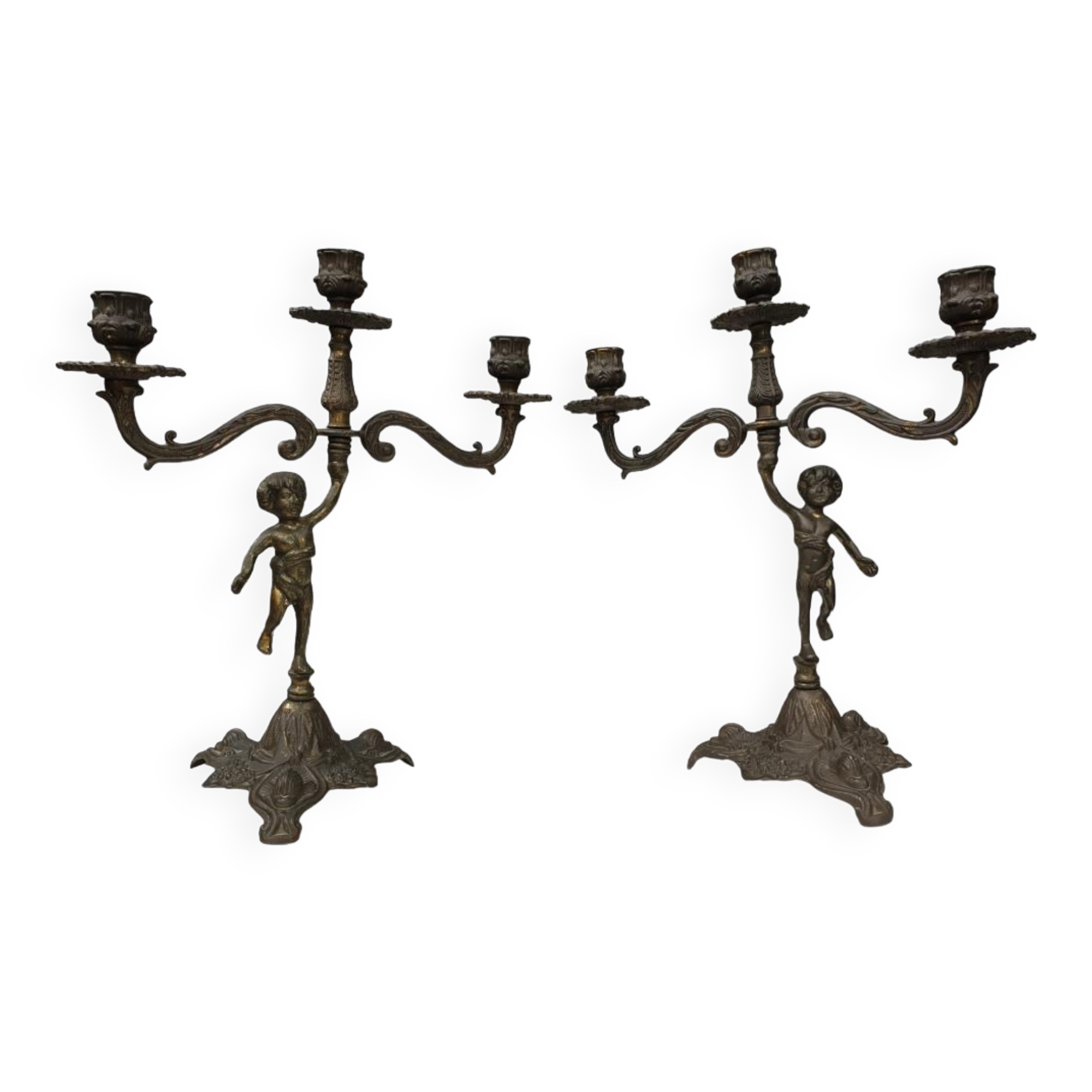 "Il mio bel foco" pair of candlesticks XIXth cherubs 3 torchieres