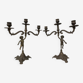 "Il mio bel foco" pair of candlesticks XIXth cherubs 3 torchieres