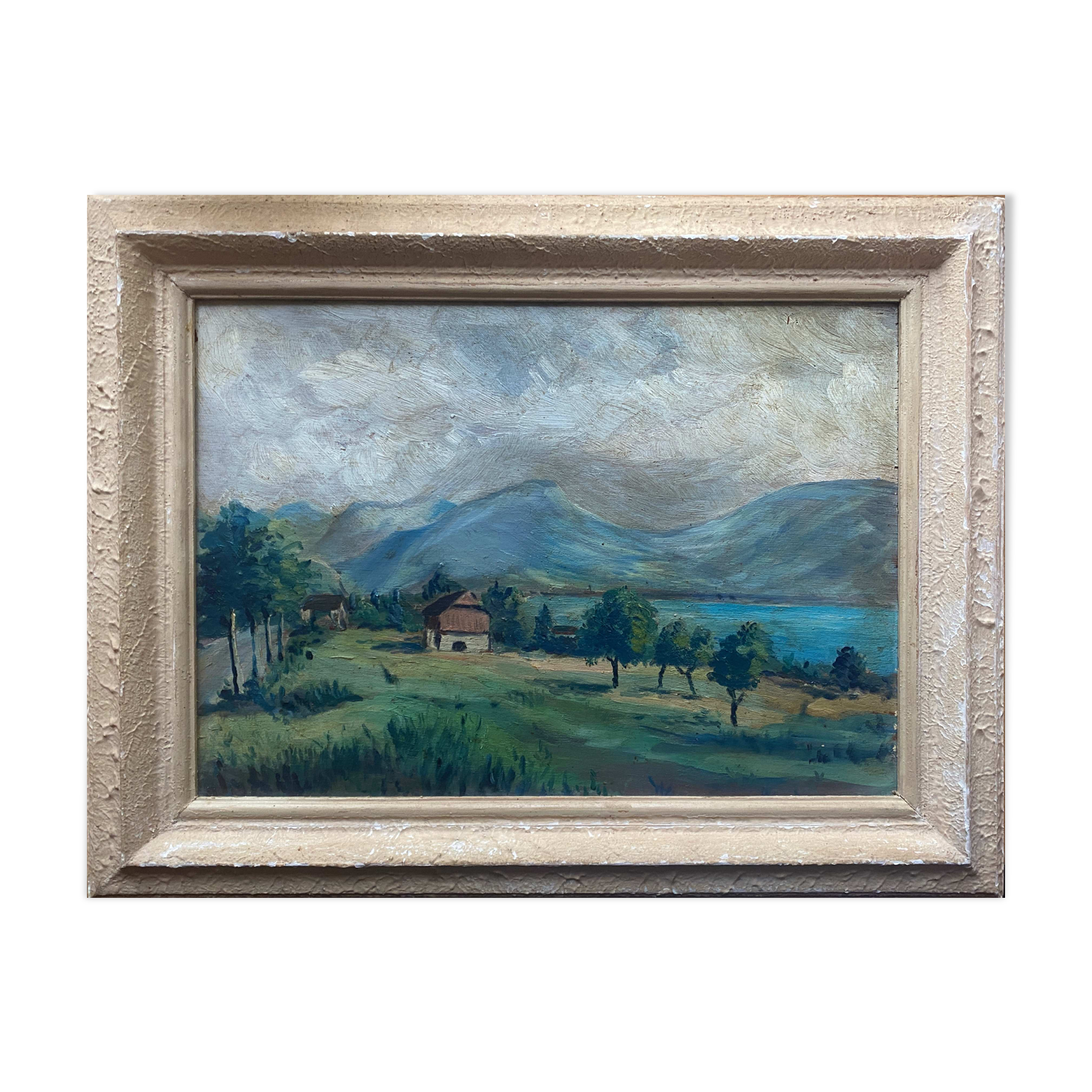 Painting "Mountain landscape" signed Sampic, artist of the Yonne 1950