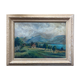 Tableau "Paysage de montagne" signé Sampic artiste de l'Yonne 1950