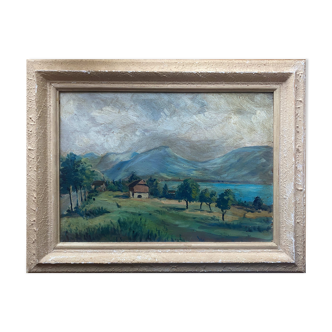 Painting "Mountain landscape" signed Sampic, artist of the Yonne 1950