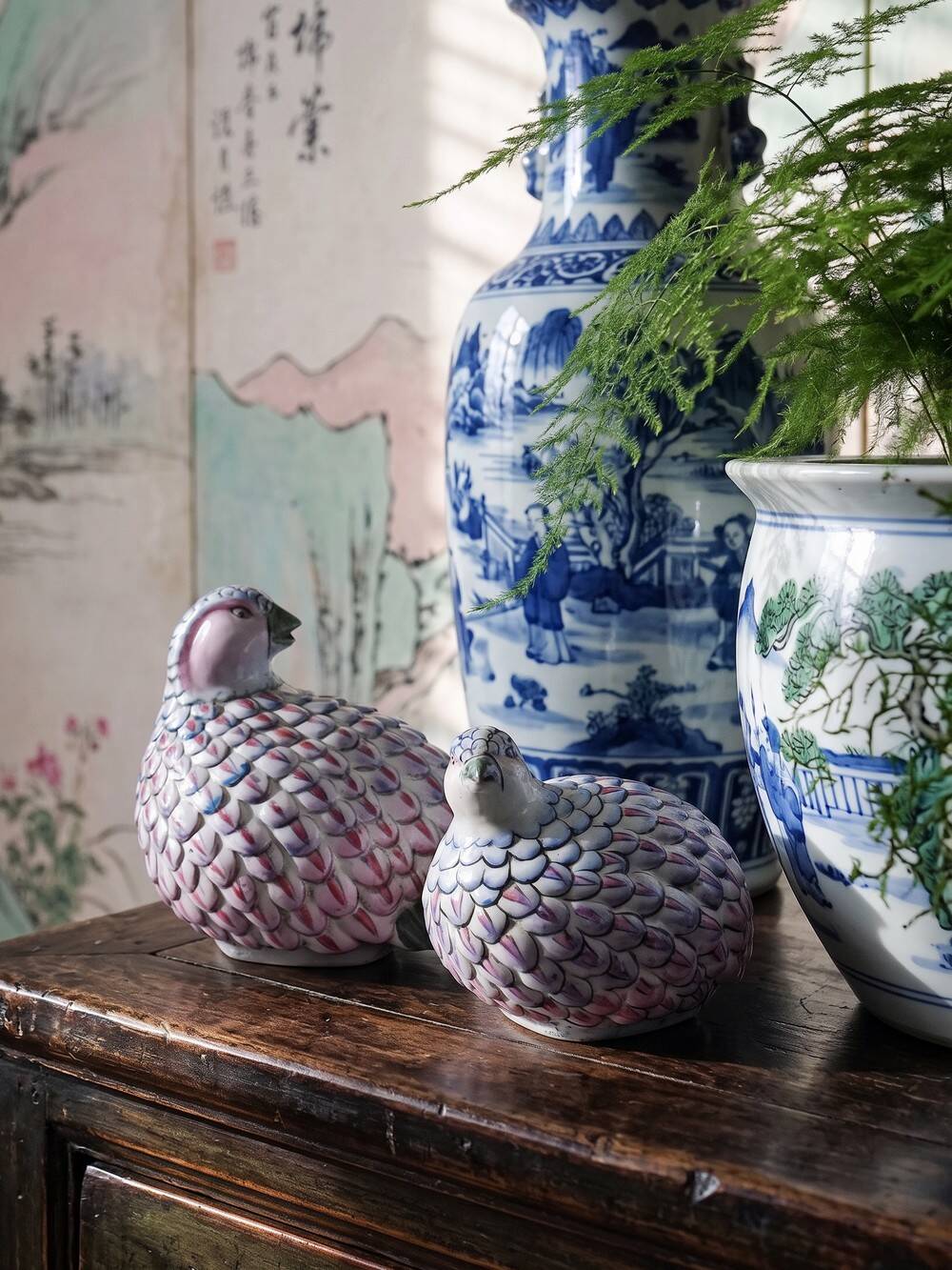 Pair of hand-painted Chinese porcelain quails, 1960s-1970s.