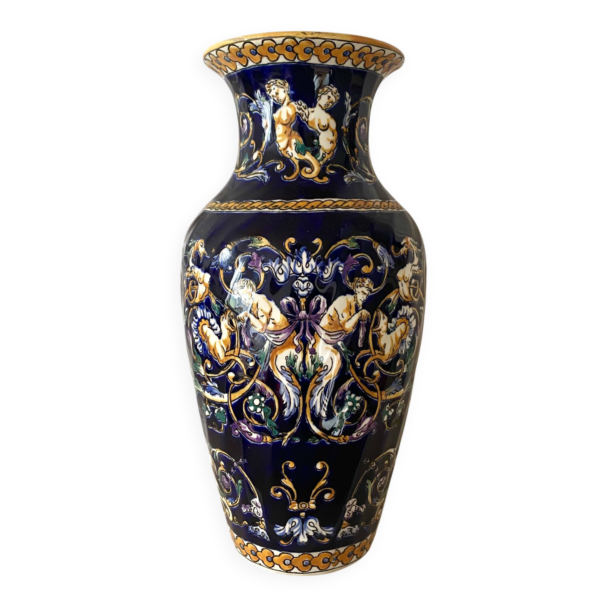 Earthenware vase from Gien with Renaissance decoration.