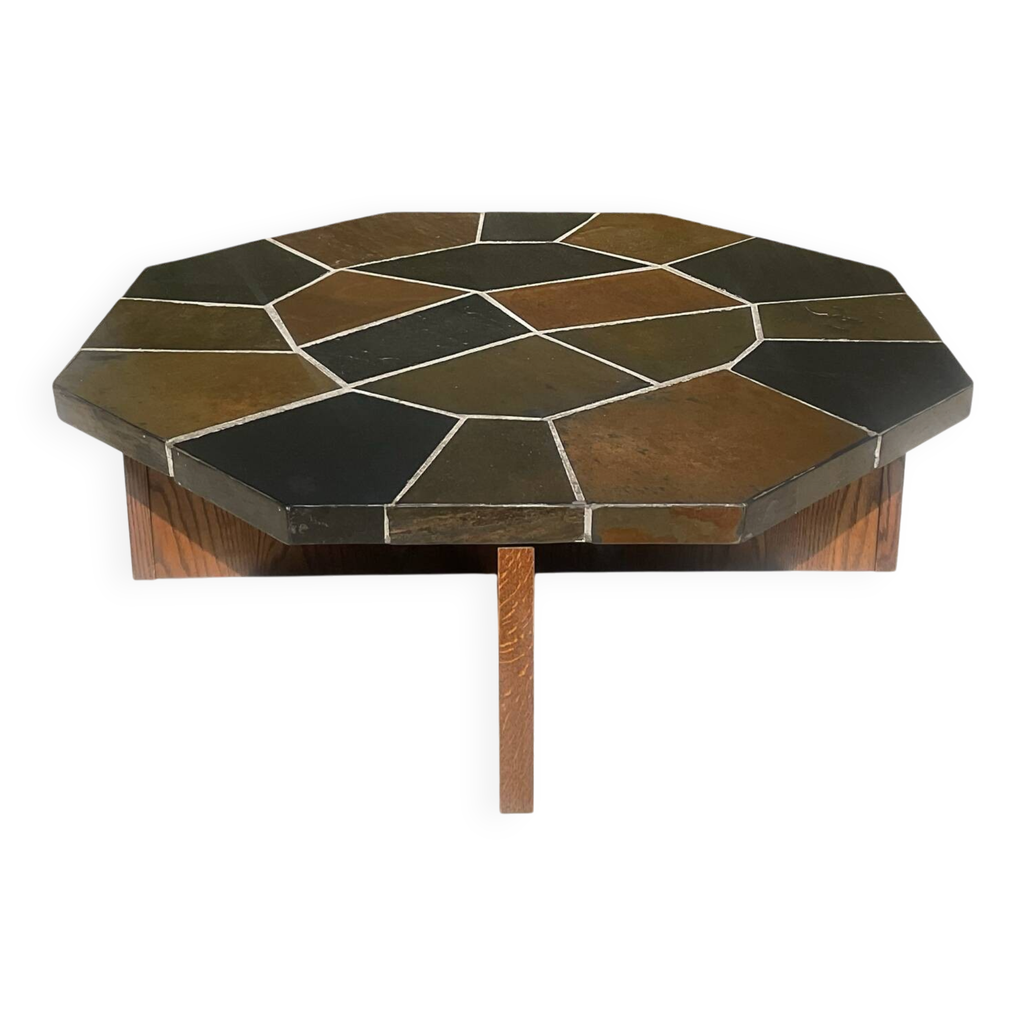 Brutalist octagonal coffee table from the 1970s in solid oak and slate.