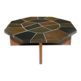 Brutalist octagonal coffee table from the 1970s in solid oak and slate.