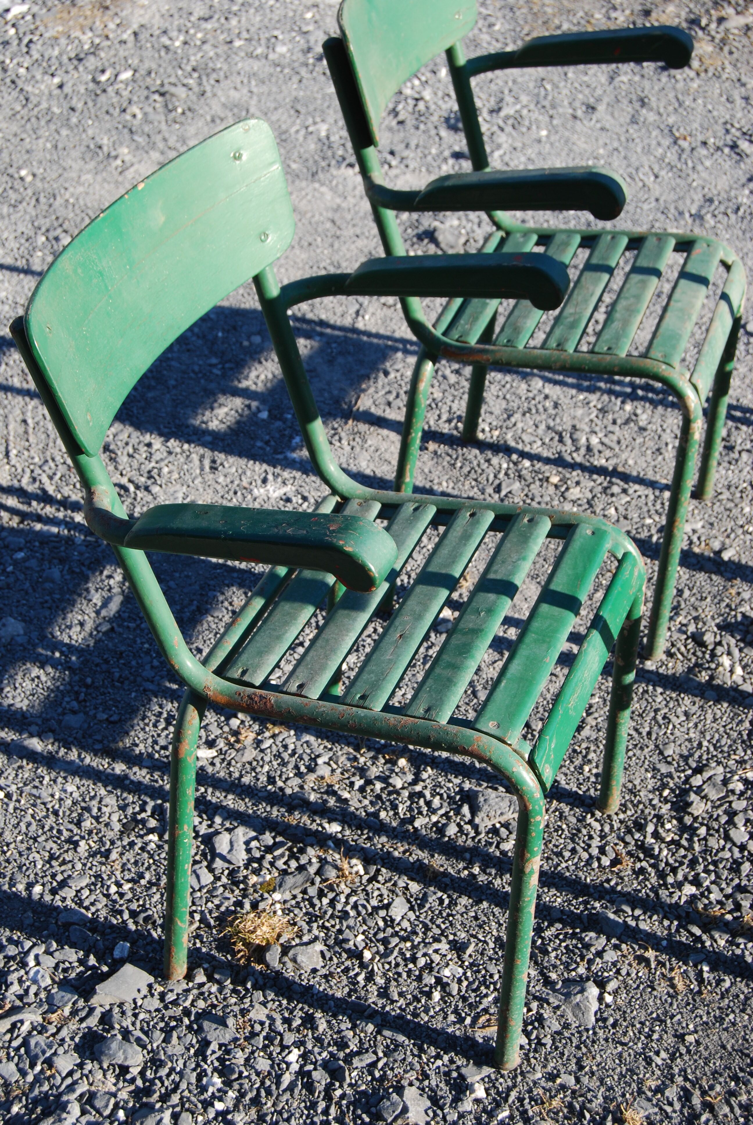 4 stackable garden armchairs wooden slats and metal tubes from the 50s