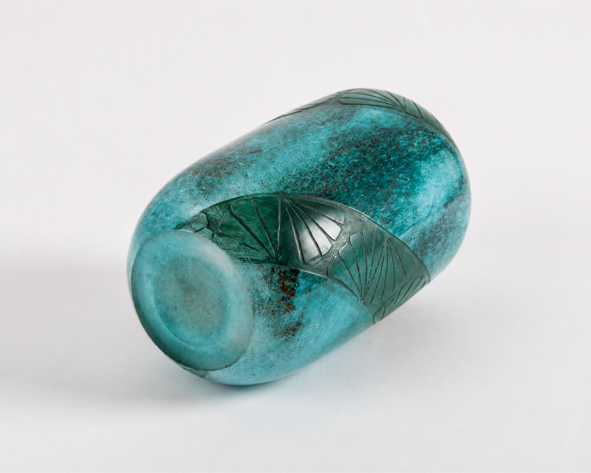 Legras Art Deco Vase - Turquoise marbled glass with palm decoration