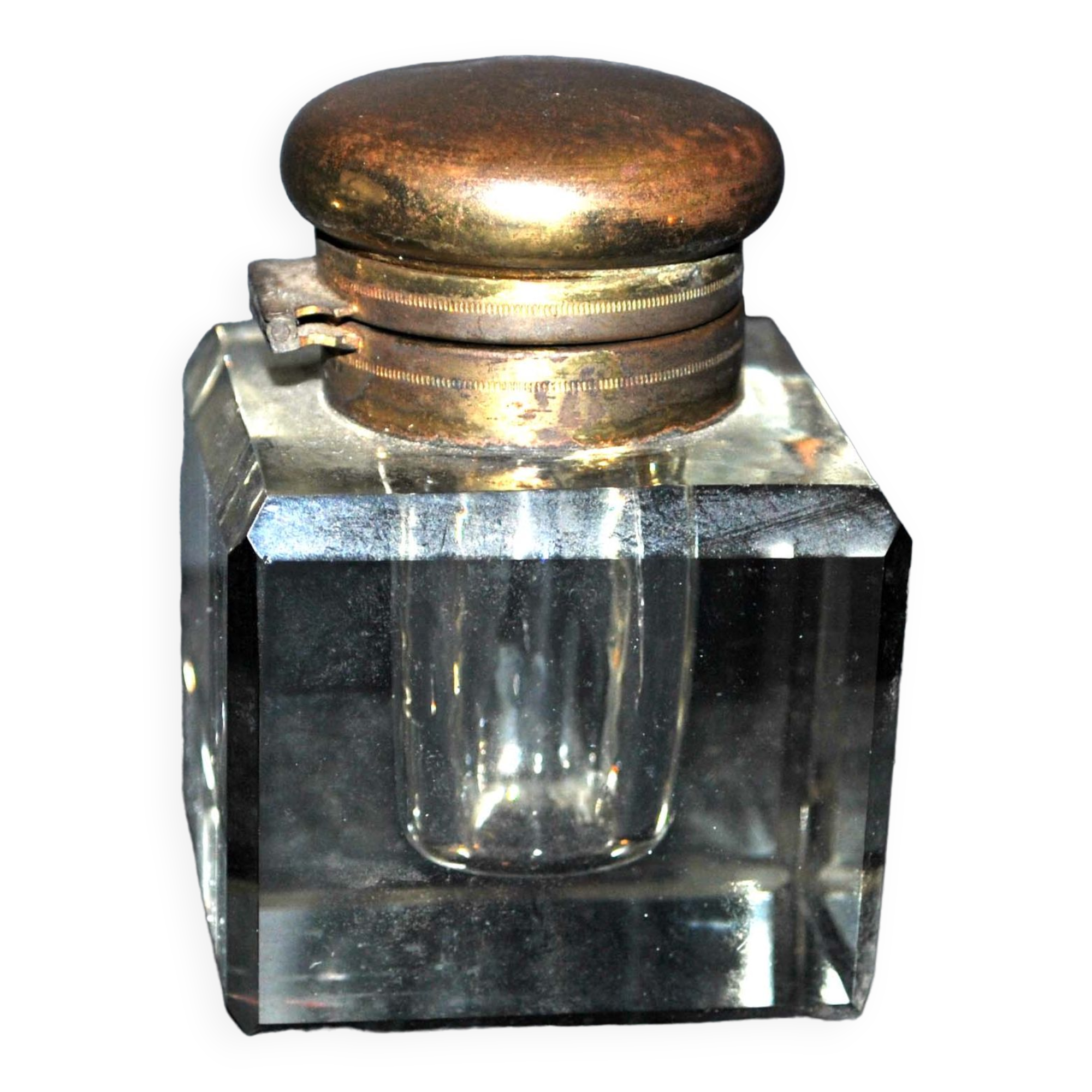 Old square inkwell in cut glass - art deco office accessory 1920