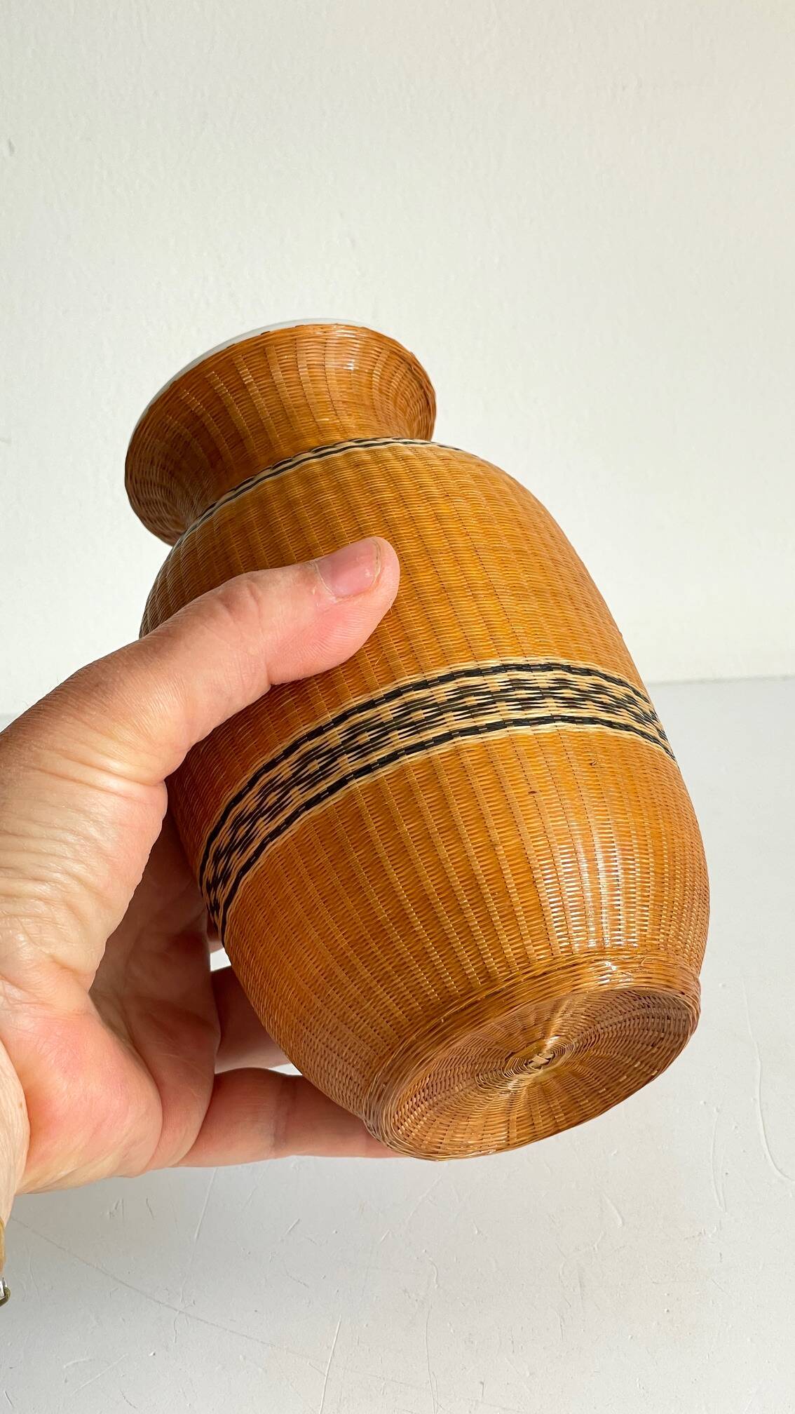 VINTAGE Woven Bamboo and Fine Porcelain VASE