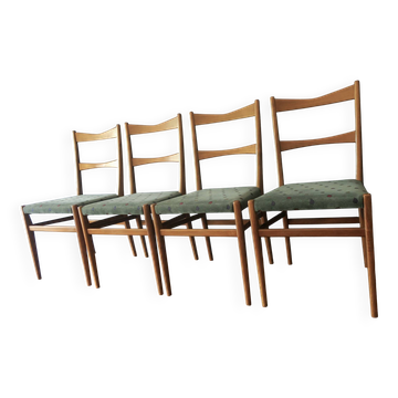 4 chaises de salle à manger en bois et tissu turquoise, 1960