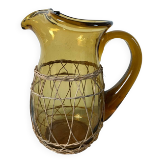 Vintage-Pretty brown-amber carafe-rattan braiding