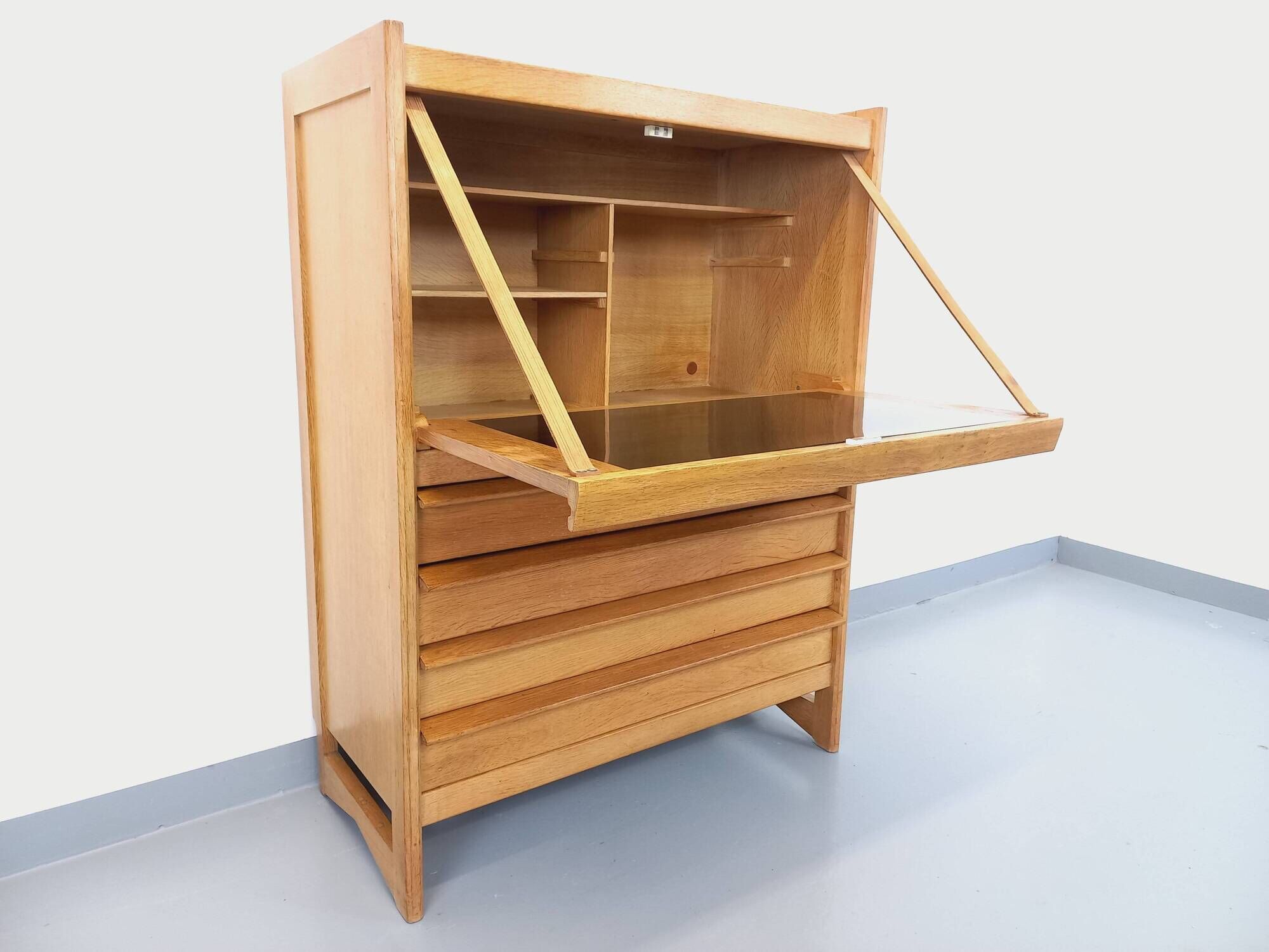 Vintage Guillerme and Chambron secretary desk in solid oak from the 50s and 60s