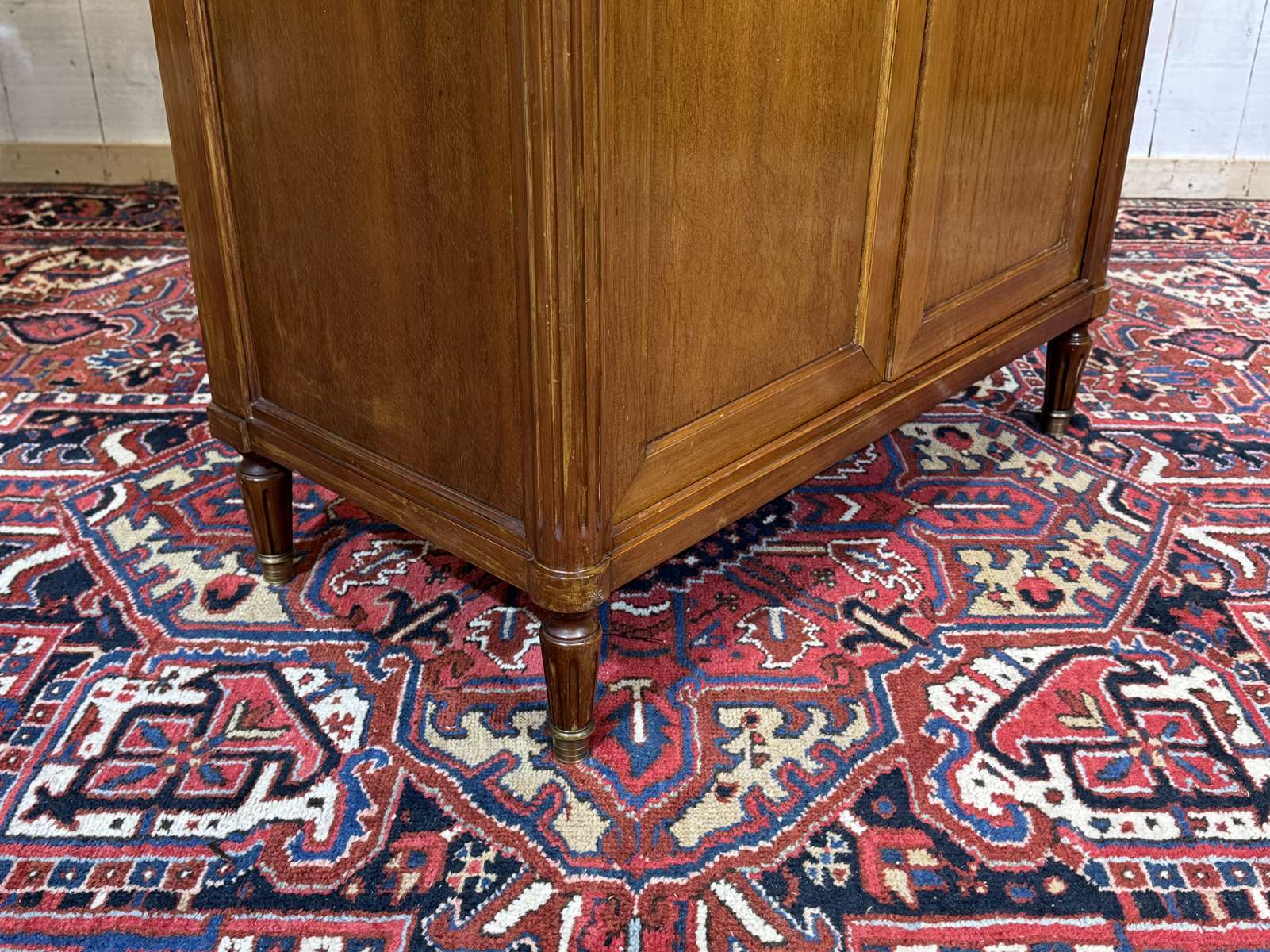 Small Louis XVI style cabinet in mahogany, oak, and marble top.