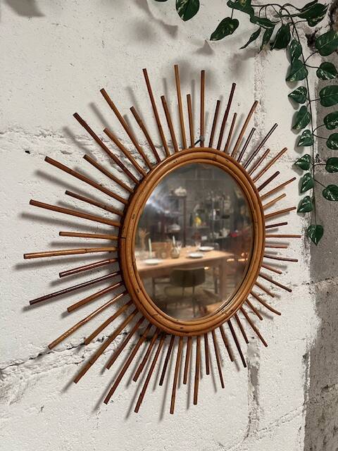 Miroir soleil vintage en rotin