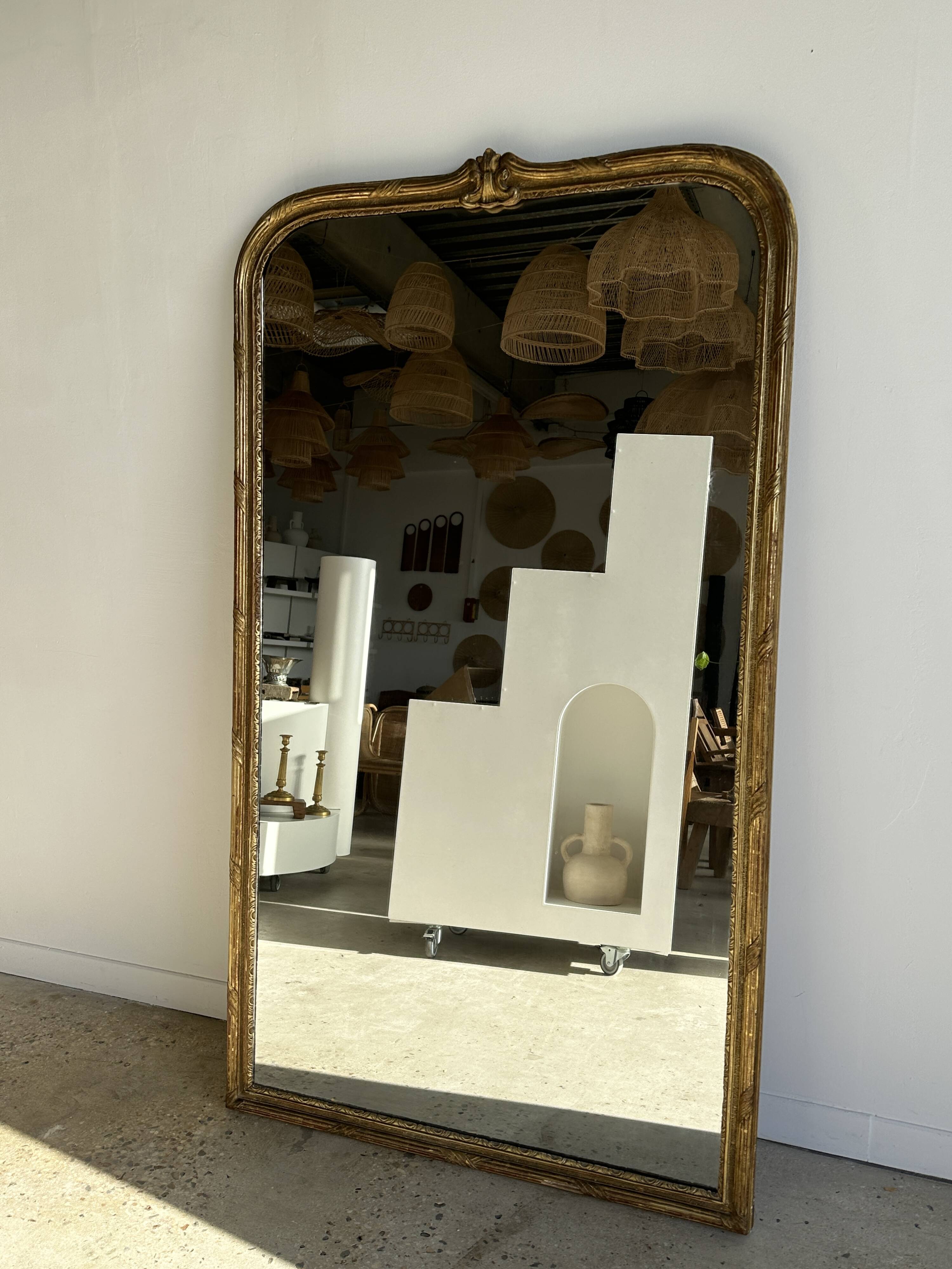 Large gilded mirror 19th century rounded corners mercury glass Louis XVI style