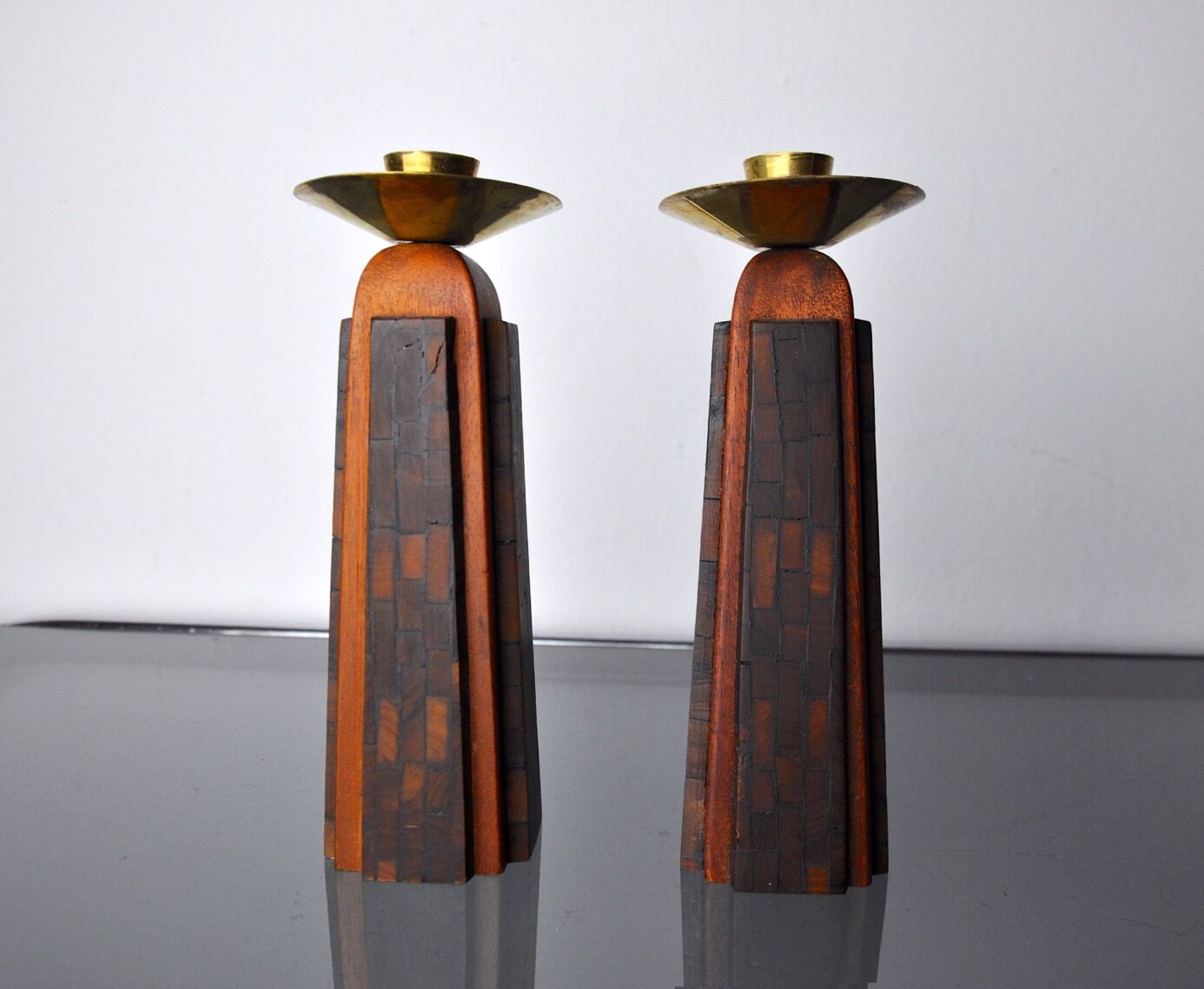 Pair of "David" candlesticks in olive wood, Handcrafted in Israel, 1960