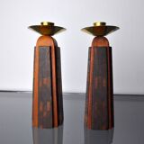 Pair of "David" candlesticks in olive wood, Handcrafted in Israel, 1960