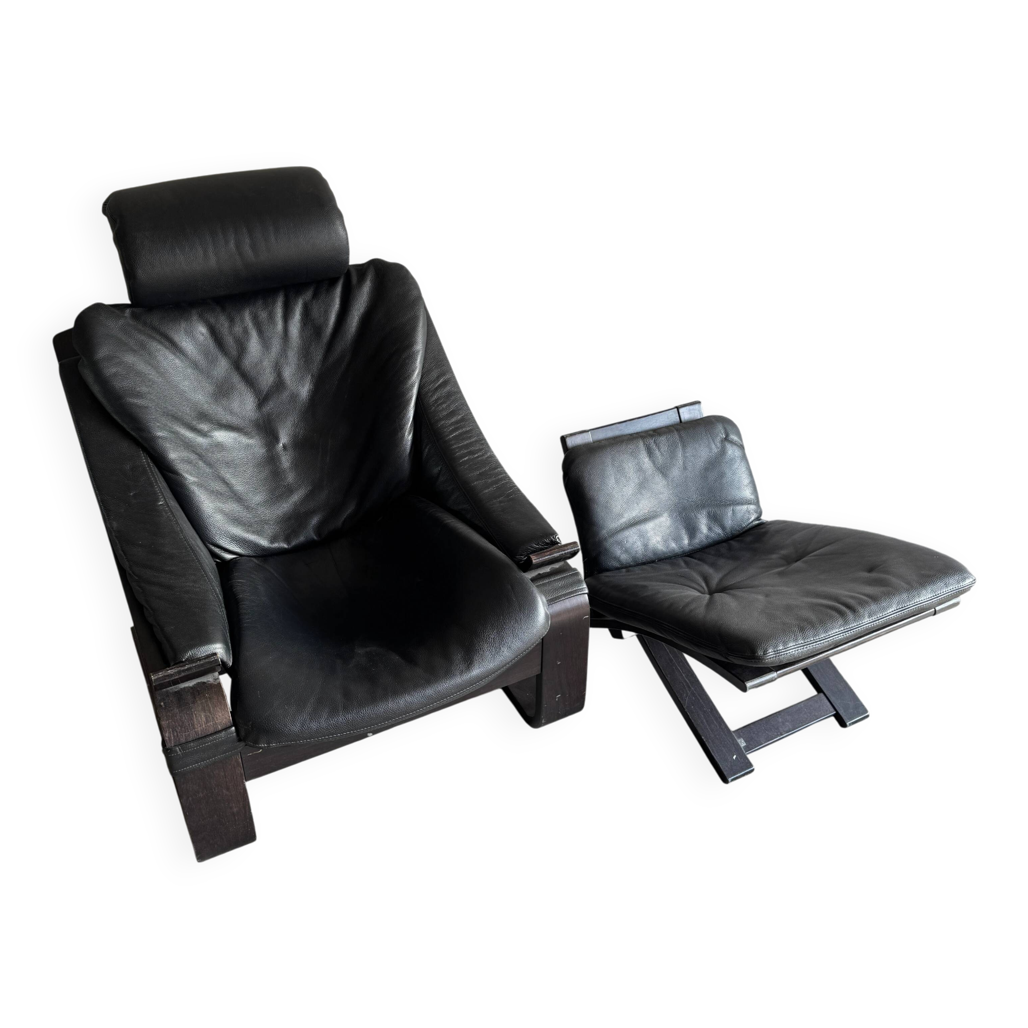 Vintage Scandinavian Black Leather Armchair with Ottoman — Solid Dark Wood Frame, Mid‑Century Modern