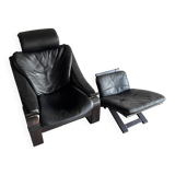 Vintage Scandinavian Black Leather Armchair with Ottoman — Solid Dark Wood Frame, Mid‑Century Modern