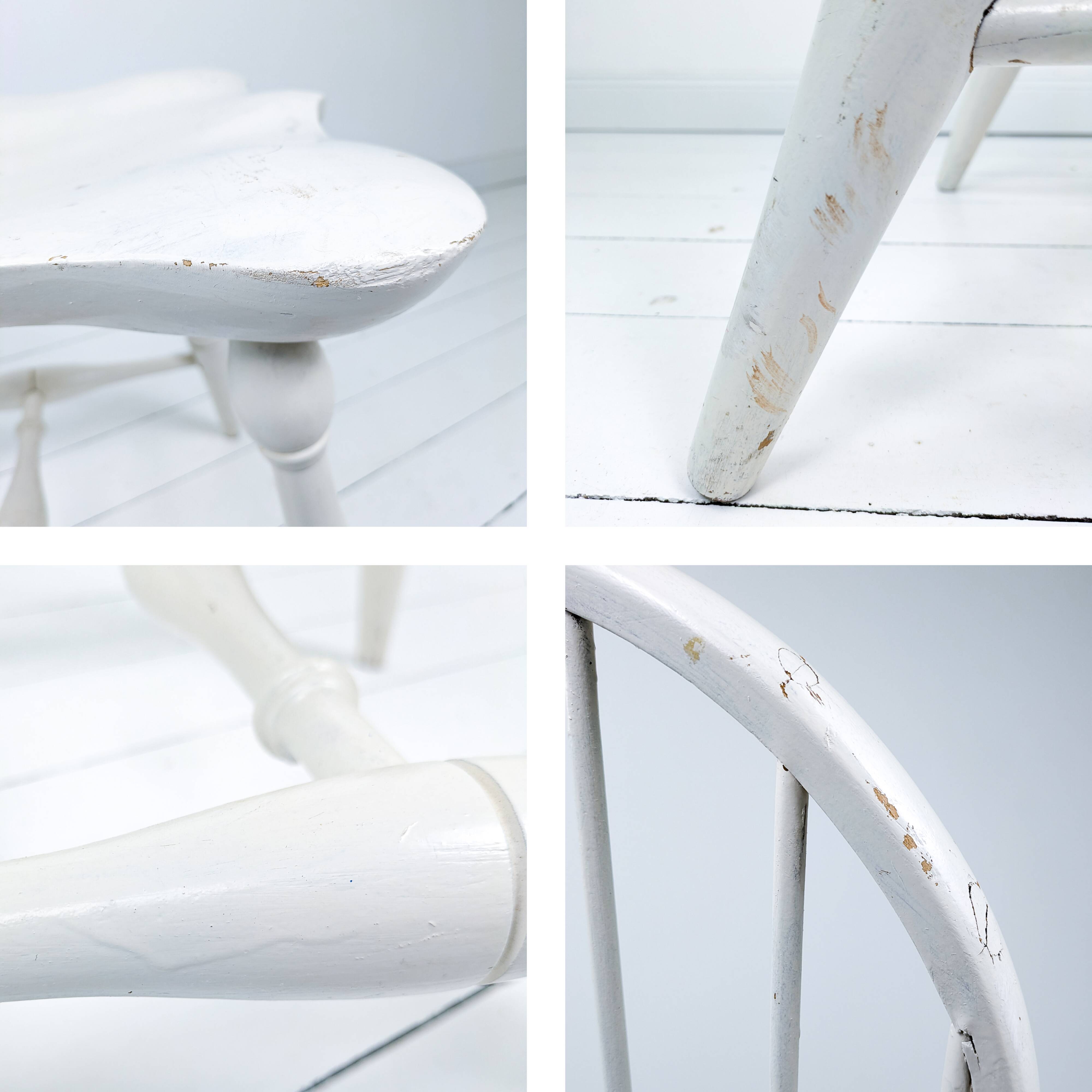 Chaise vintage en bois blanc avec dossier à barreaux, style maison de campagne