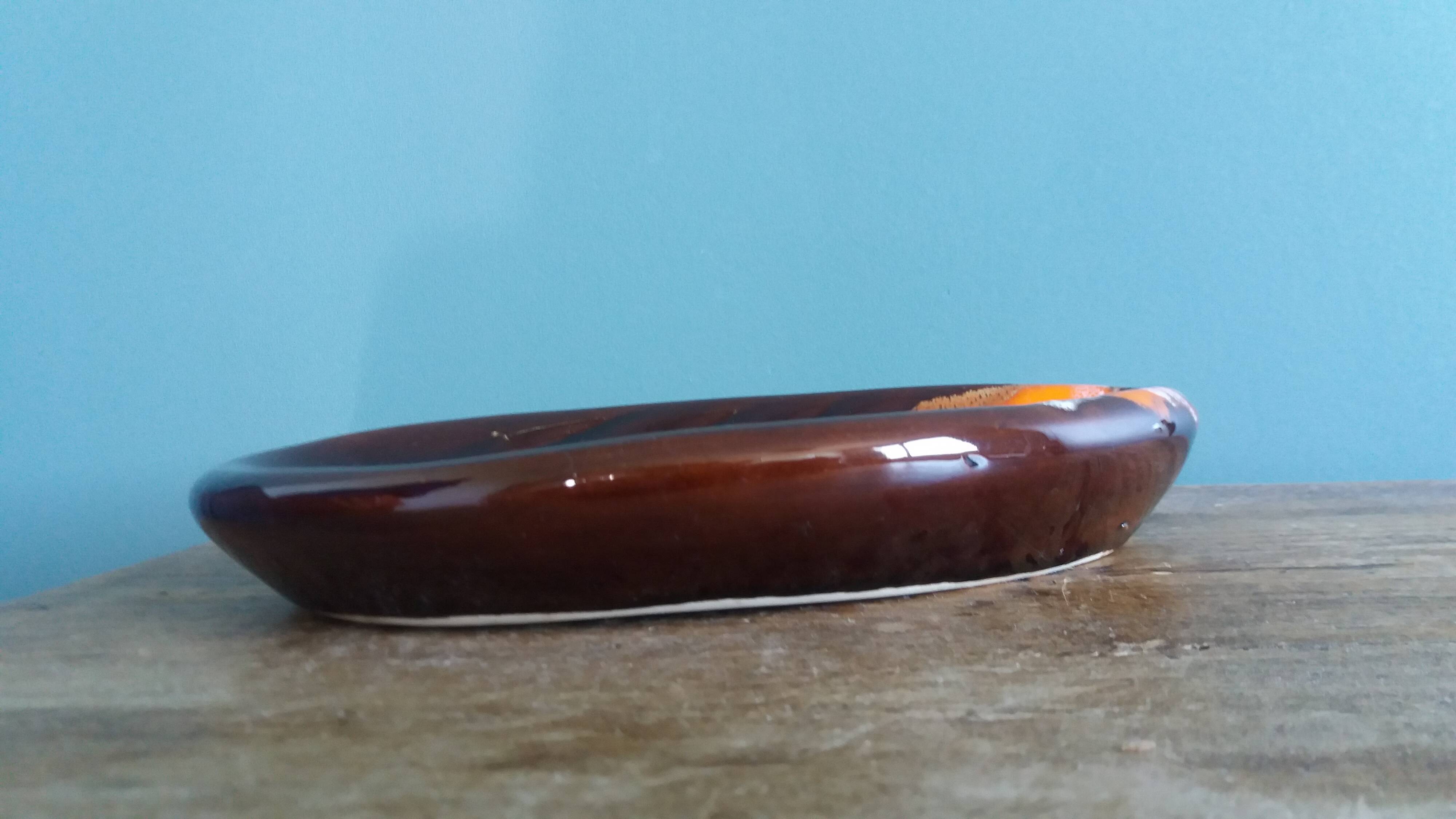 Shell-shaped catchall or butter dish in flamed ceramic style Vallauris.