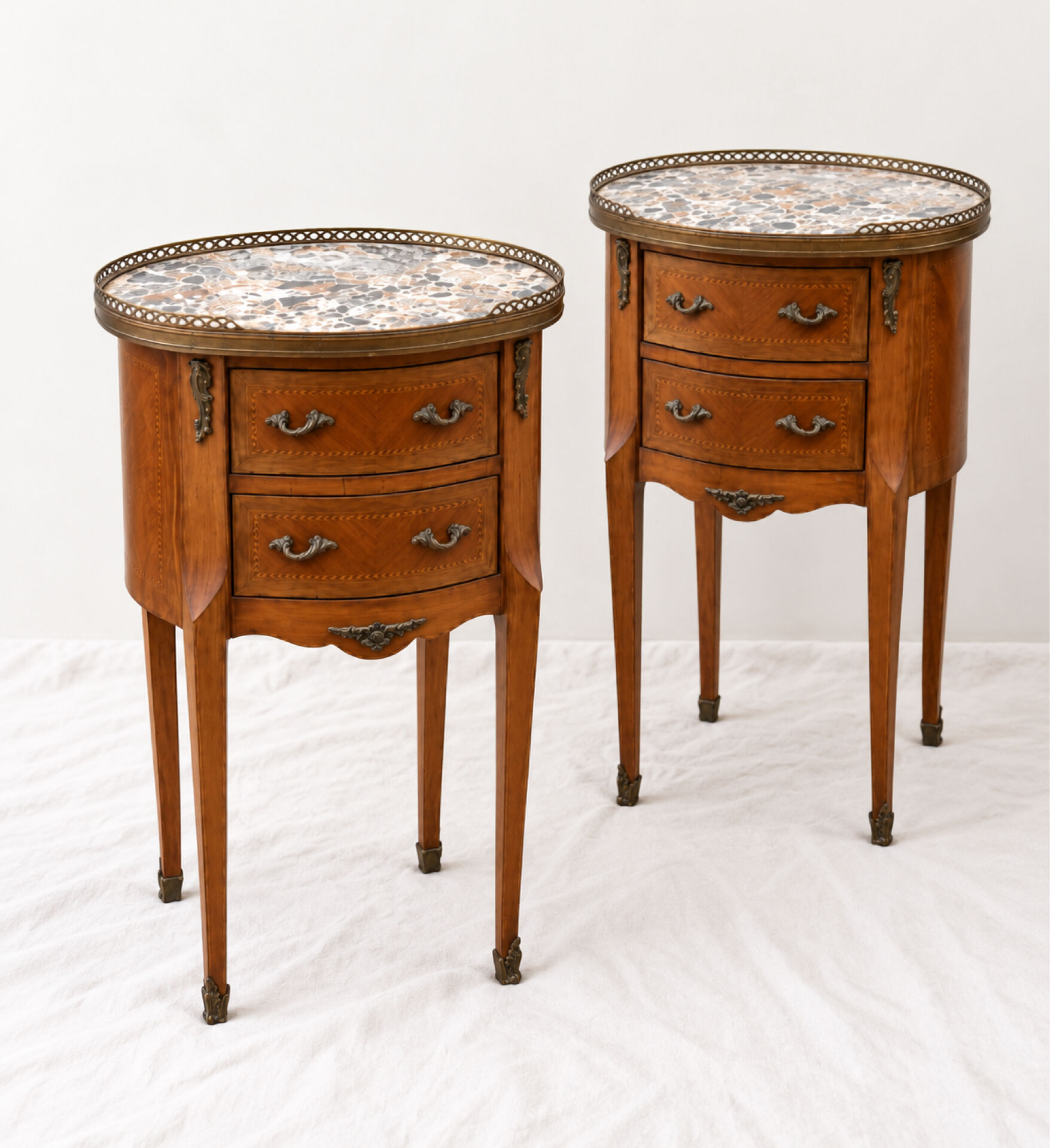 Pair of bedside tables with marquetry and marble, Louis XV style, openwork gallery.