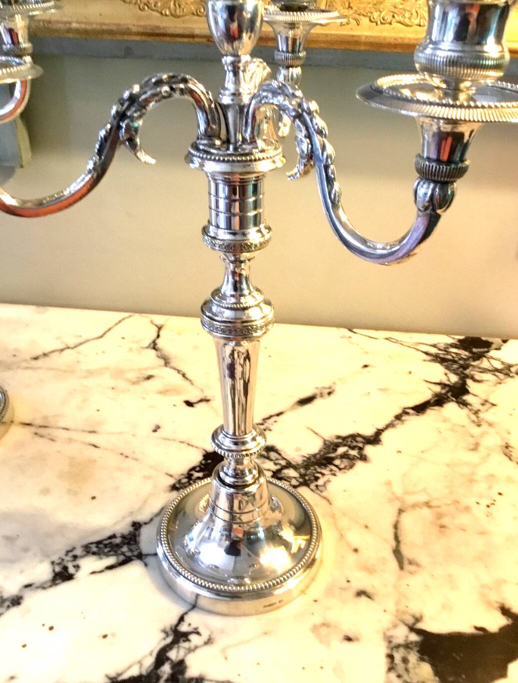 Pair of three-armed silver-plated candelabra
