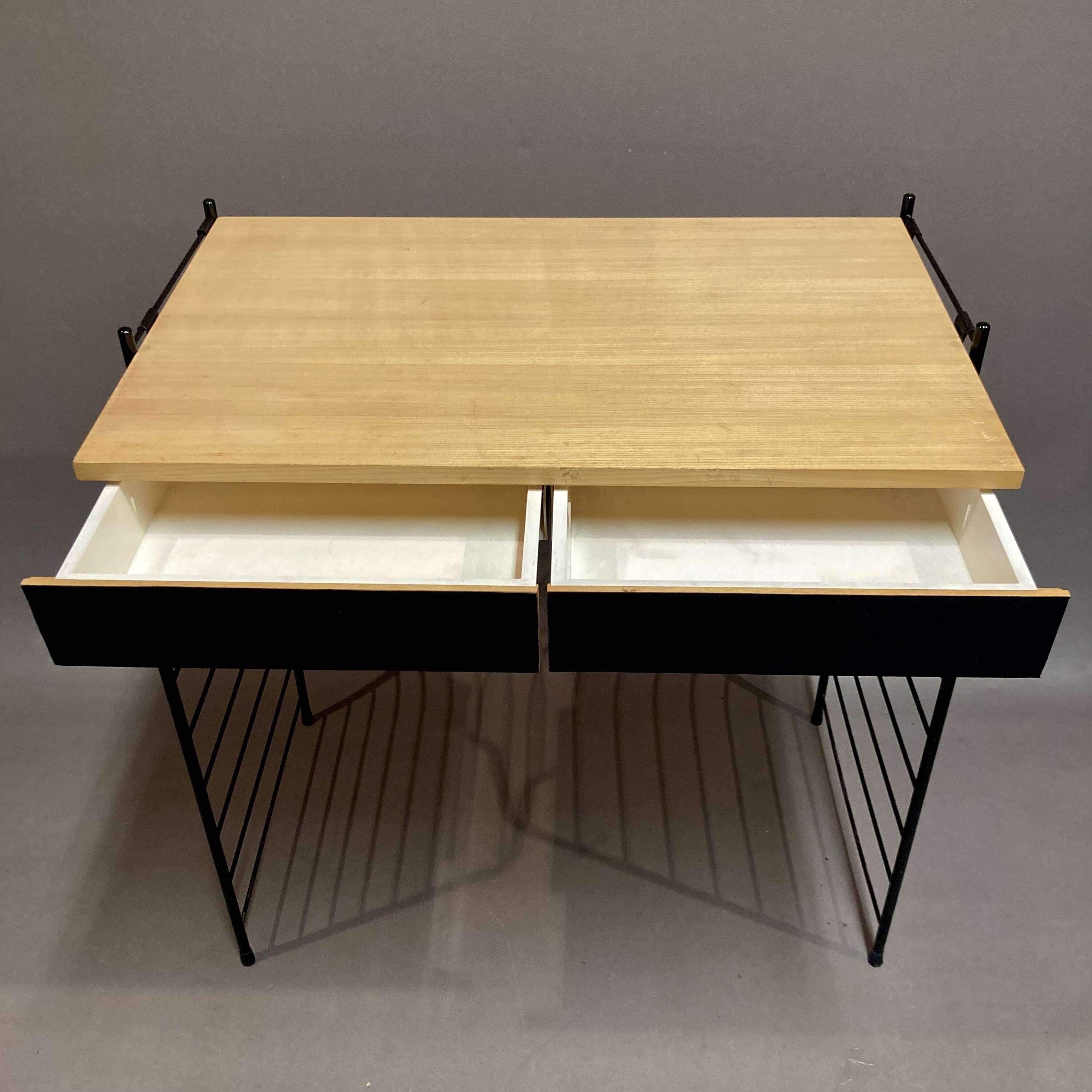 Modular bookcase and stool in black metal and beech, 1960
