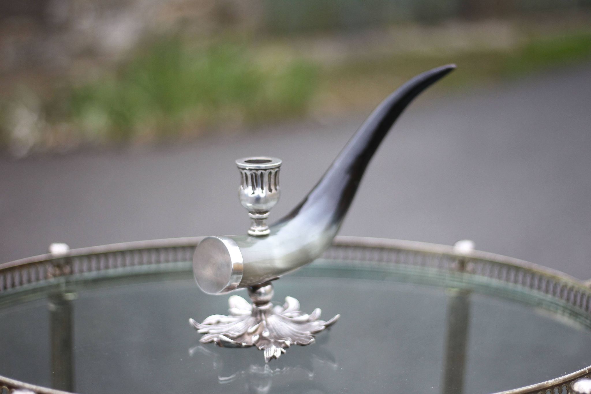 Candle holder signed Alice Joly, horn and silver metal candle holder, candle holder, interior decoration