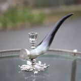 Bougeoir signé Alice Joly, bougeoir corne et métal argenté, porte-bougie, décoration intérieur