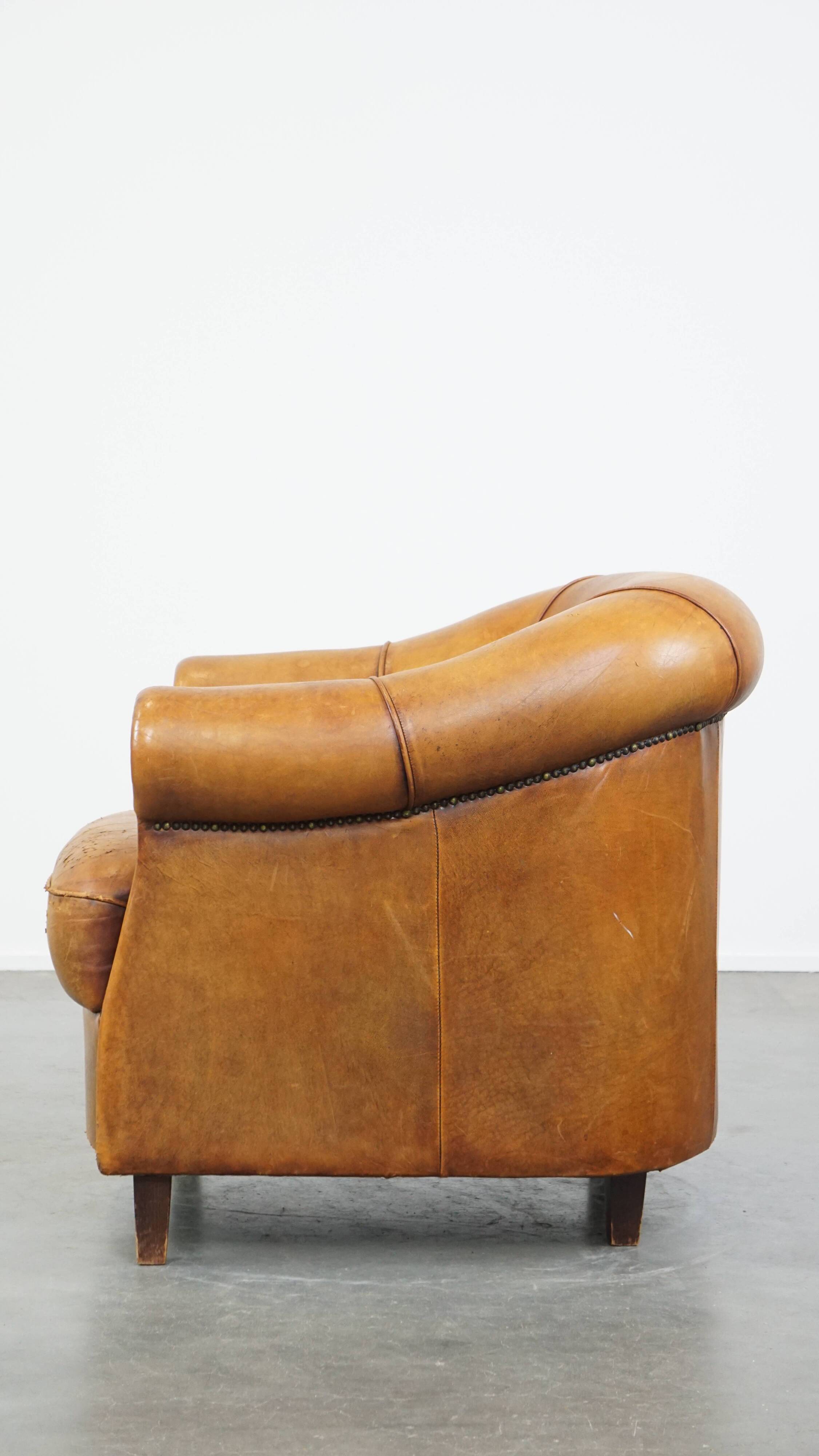 Fauteuil club vintage en cuir de mouton cognac clair
