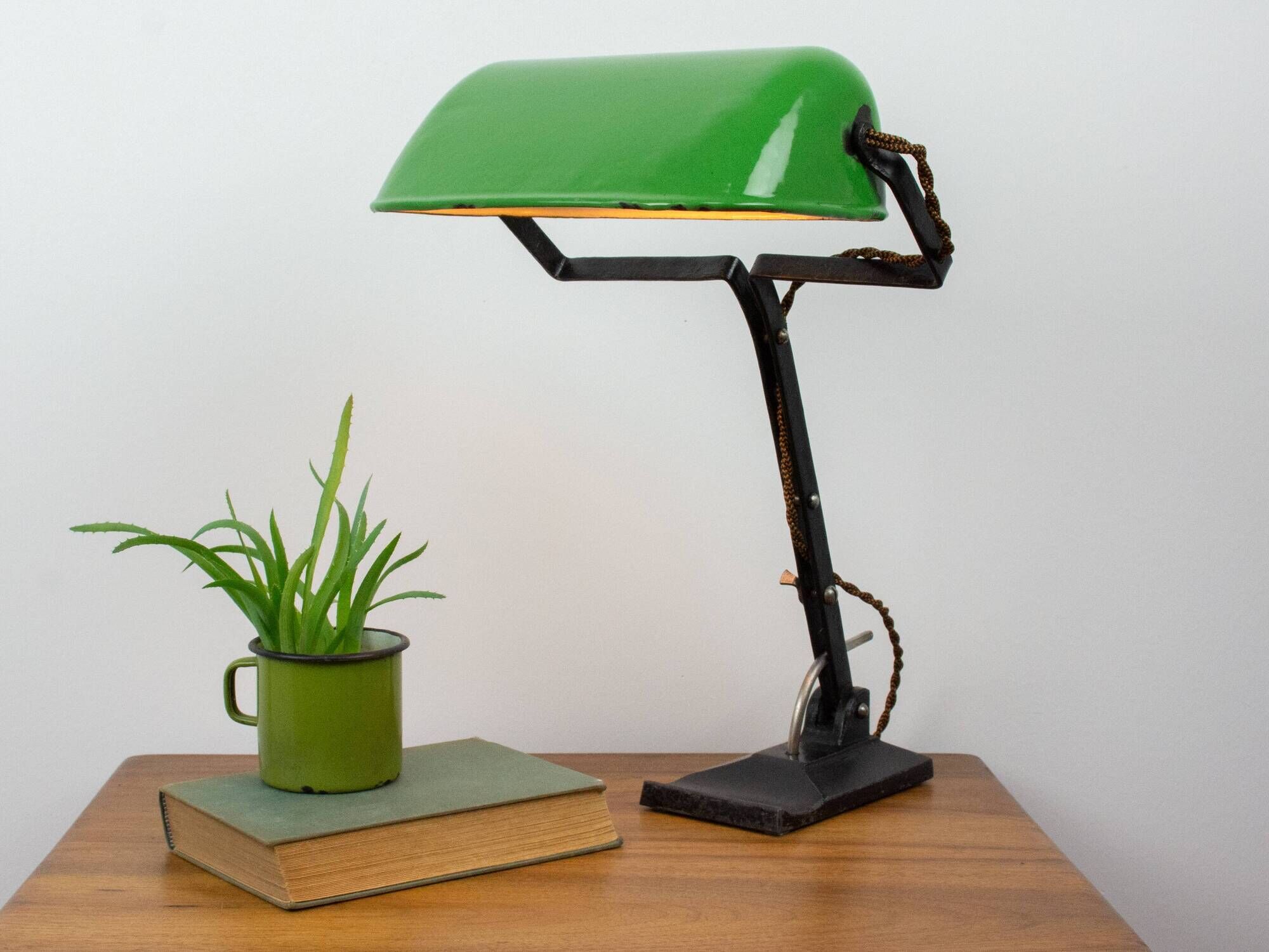 Vintage Art Nouveau Green Metal Industrial Table Lamp