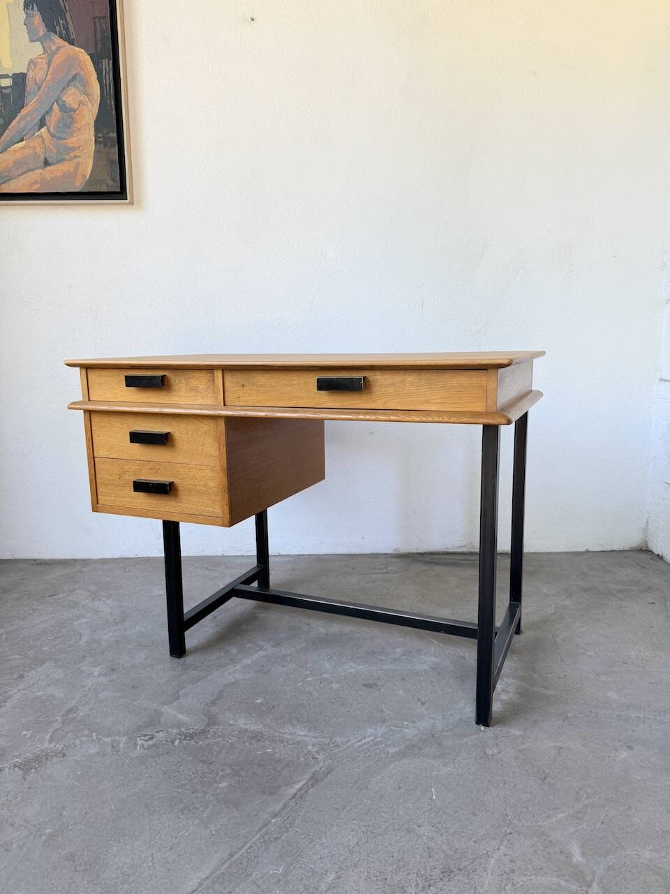 Modernist 50s oak metal desk