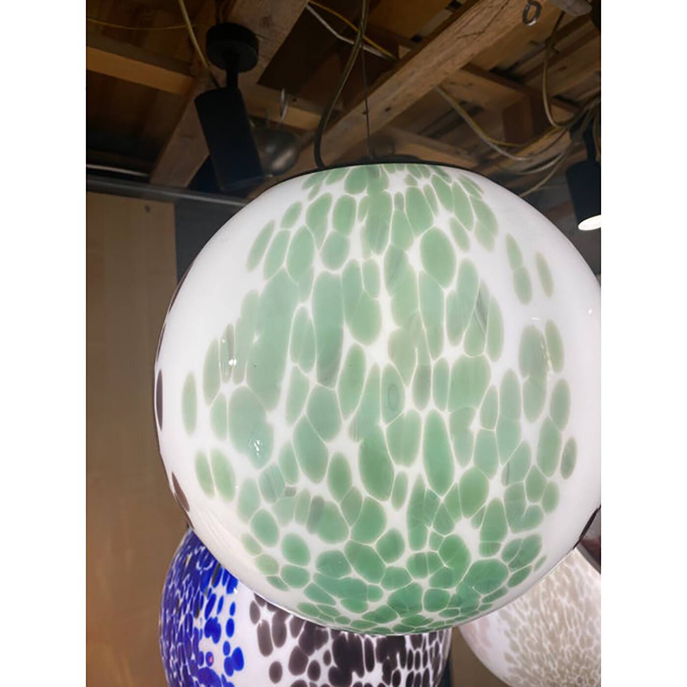 Contemporary Light Green and Black Sphere Pendant in Glass