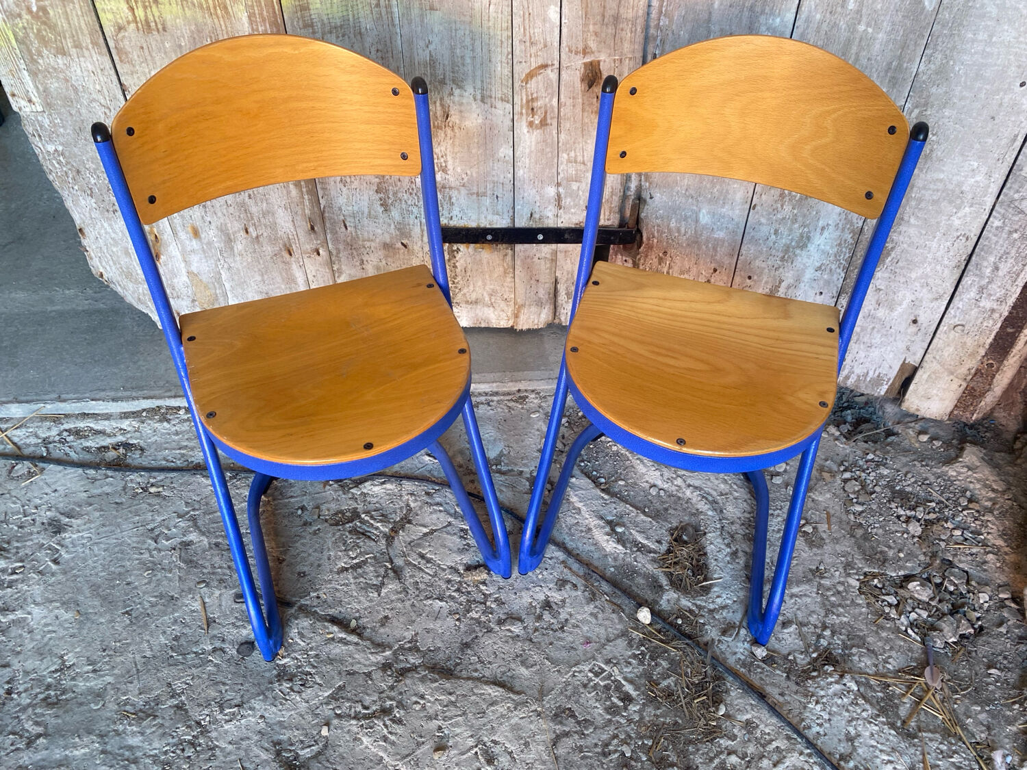 Pair of Chairs SOUVIGNET Model ELODIE Metal Blue & Wood Made in France