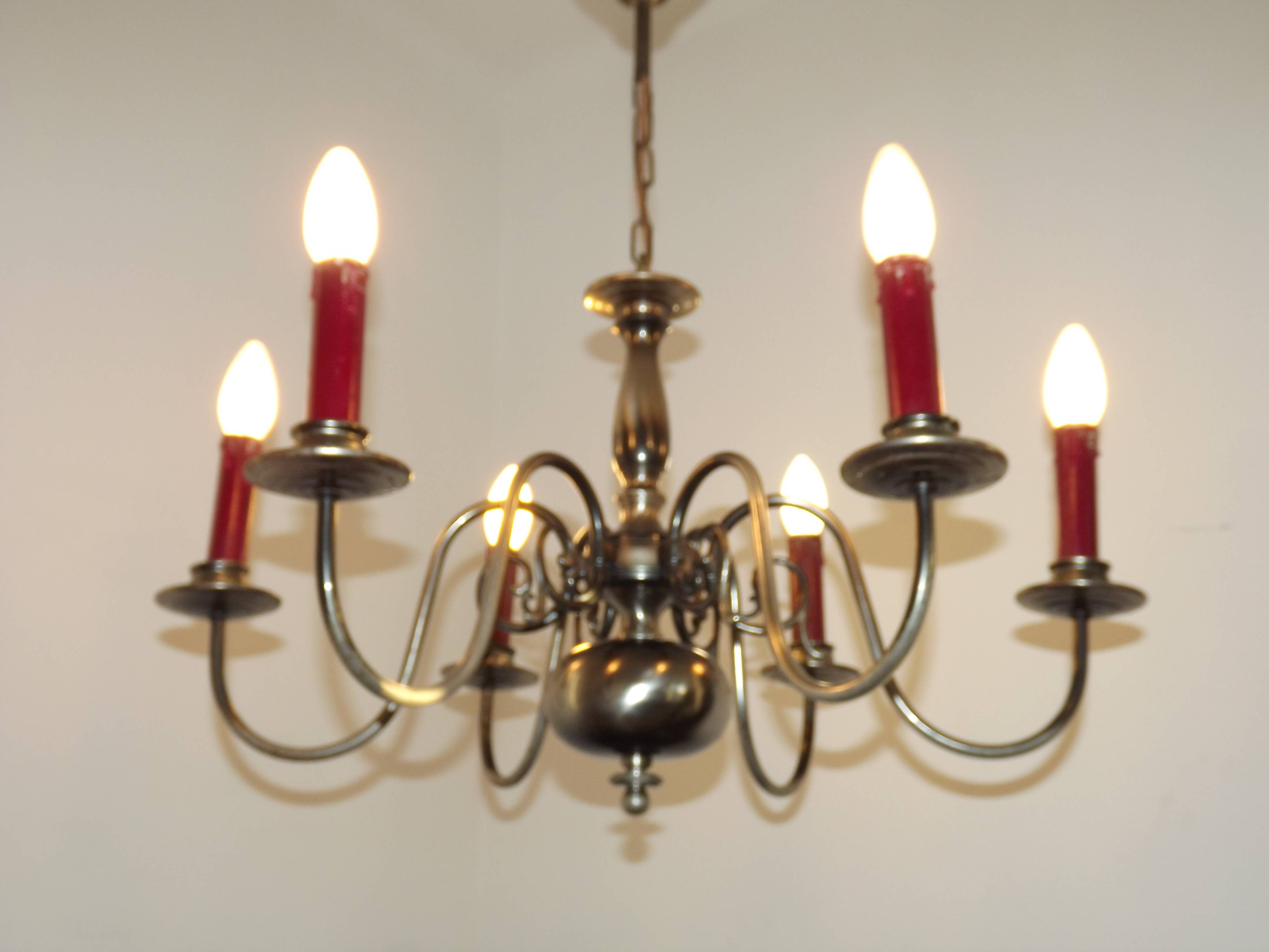 French Vintage Two-Tone Silver Metal 6-Light Flemish Chandelier with Red Drips