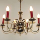 French Vintage Two-Tone Silver Metal 6-Light Flemish Chandelier with Red Drips